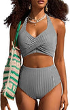Women’s High-Waisted Halter Bikini Set with Striped Patch Pocket Design