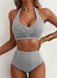 Women’s High-Waisted Halter Bikini Set with Striped Patch Pocket Design