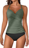 Women’s V-Neck Ruched Tankini Set with Wrap Tie-Back & Tummy Control