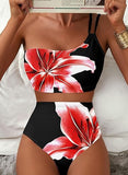 Women’s One-Shoulder High-Waist Bikini Set with Floral Print & Tummy Control