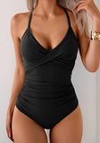 Women’s Cross-Front V-Neck One-Piece Swimsuit with Tummy Control