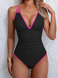Women’s V-Neck One-Piece Swimsuit with Double Straps & Crisscross Back