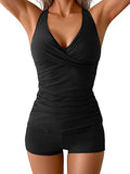 Women’s Ruched V-Neck Tankini Set with Wrap Tie-Back & Swim Shorts