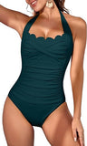 Women’s Vintage Halter One-Piece Swimsuit with Scallop Trim & Tummy Control