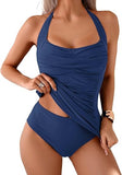 Women's Halter Tankini Two-Piece Swimsuit with Ruched Tummy Control & Supportive Bottoms