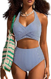 Women’s High-Waisted Halter Bikini Set with Striped Patch Pocket Design