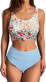 Women’s High Waisted Tankini Set with Scoop Neck and Knot Detail