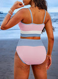 Women’s High-Waisted Color Block Bikini Set Ribbed Two-Piece Swimwear