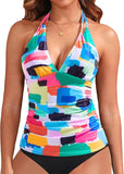 Women’s Halter Tankini Top with V Neck and Tummy Control