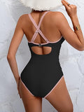 Women’s V-Neck One-Piece Swimsuit with Double Straps & Crisscross Back