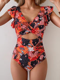 Women's Romantic Ruffle Sleeve V-Neck One-Piece Swimsuit