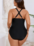Plus Size Black One-Piece Swimsuit with Colorful Floral Trim