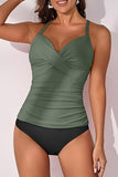 Women’s V-Neck Ruched Tankini Set with Wrap Tie-Back & Tummy Control