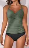 Women’s V-Neck Ruched Tankini Set with Wrap Tie-Back & Tummy Control