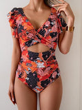 Women's Romantic Ruffle Sleeve V-Neck One-Piece Swimsuit