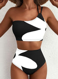 Women’s One-Shoulder High-Waist Bikini Set with Floral Print & Tummy Control