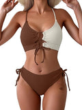 Women’s Color-Block Bikini Set with Tie-Front Top & High-Waist Bottoms