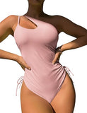 Women’s One Shoulder One Piece Swimsuit with Drawstring and Tummy Control