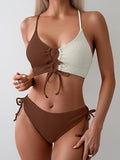 Women’s Color-Block Bikini Set with Tie-Front Top & High-Waist Bottoms