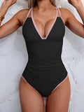 Women’s V-Neck One-Piece Swimsuit with Double Straps & Crisscross Back