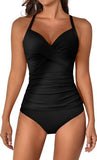 Women’s V-Neck Ruched Tankini Set with Wrap Tie-Back & Tummy Control