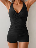 Women’s Ruched V-Neck Tankini Set with Wrap Tie-Back & Swim Shorts