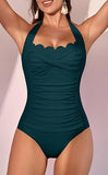Women’s Vintage Halter One-Piece Swimsuit with Scallop Trim & Tummy Control