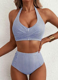 Women’s High-Waisted Halter Bikini Set with Striped Patch Pocket Design