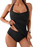 Women's Halter Tankini Two-Piece Swimsuit with Ruched Tummy Control & Supportive Bottoms