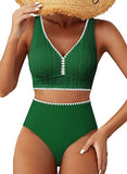 Women’s Textured High-Waisted Bikini Set with Whip Stitch Details