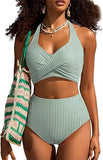 Women’s High-Waisted Halter Bikini Set with Striped Patch Pocket Design