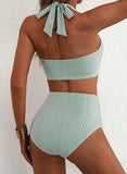 Women’s High-Waisted Halter Bikini Set with Striped Patch Pocket Design