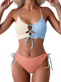 Women’s Color-Block Bikini Set with Tie-Front Top & High-Waist Bottoms
