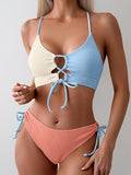 Women’s Color-Block Bikini Set with Tie-Front Top & High-Waist Bottoms