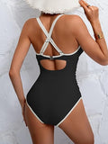 Women’s V-Neck One-Piece Swimsuit with Double Straps & Crisscross Back