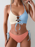 Women’s Color-Block Bikini Set with Tie-Front Top & High-Waist Bottoms