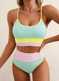 Women’s High-Waisted Color Block Bikini Set Ribbed Two-Piece Swimwear