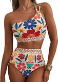 Women’s One-Shoulder High-Waist Bikini Set with Floral Print & Tummy Control