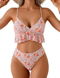 Women’s High Waisted Floral Bikini Set with Ruffle Trim and V Neck