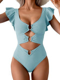 Women's Colorful Ruffle Sleeve V-Neck One-Piece Swimsuit
