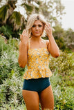 Women’s Peplum Tankini Swimsuit in Mustard Daisy Print