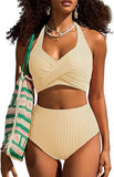 Women’s High-Waisted Halter Bikini Set with Striped Patch Pocket Design