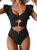Women's Colorful Ruffle Sleeve V-Neck One-Piece Swimsuit