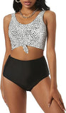 Women’s High Waisted Tankini Set with Scoop Neck and Knot Detail