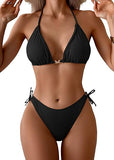 Women’s Ribbed Halter Bikini Set with Triangle Top & Tie-Side Bottoms