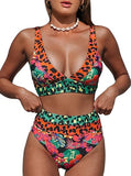 Women’s Leopard Print High-Waisted Bikini Set with V-Neck Top