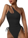 Women’s One Shoulder One Piece Swimsuit with Drawstring and Tummy Control