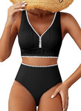 Women’s Textured High-Waisted Bikini Set with Whip Stitch Details