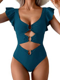 Women's Colorful Ruffle Sleeve V-Neck One-Piece Swimsuit