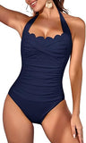 Women’s Vintage Halter One-Piece Swimsuit with Scallop Trim & Tummy Control